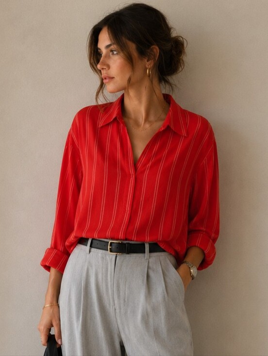 Mango Tops - Mango Suit | Red Striped Oversized V-Neck Blouse, Size XS